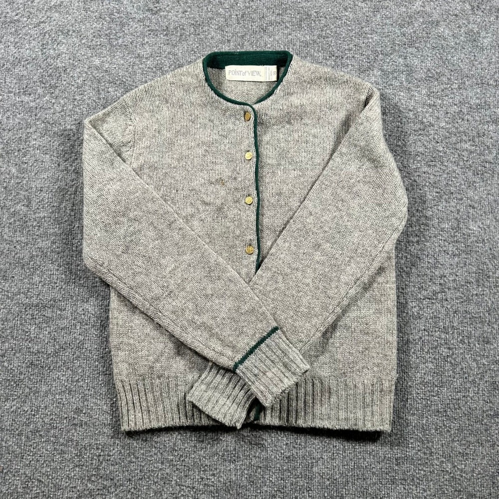 Point of View Cardigan Womens Size 40 Gray Shetland Wool Green Trim Crest Button